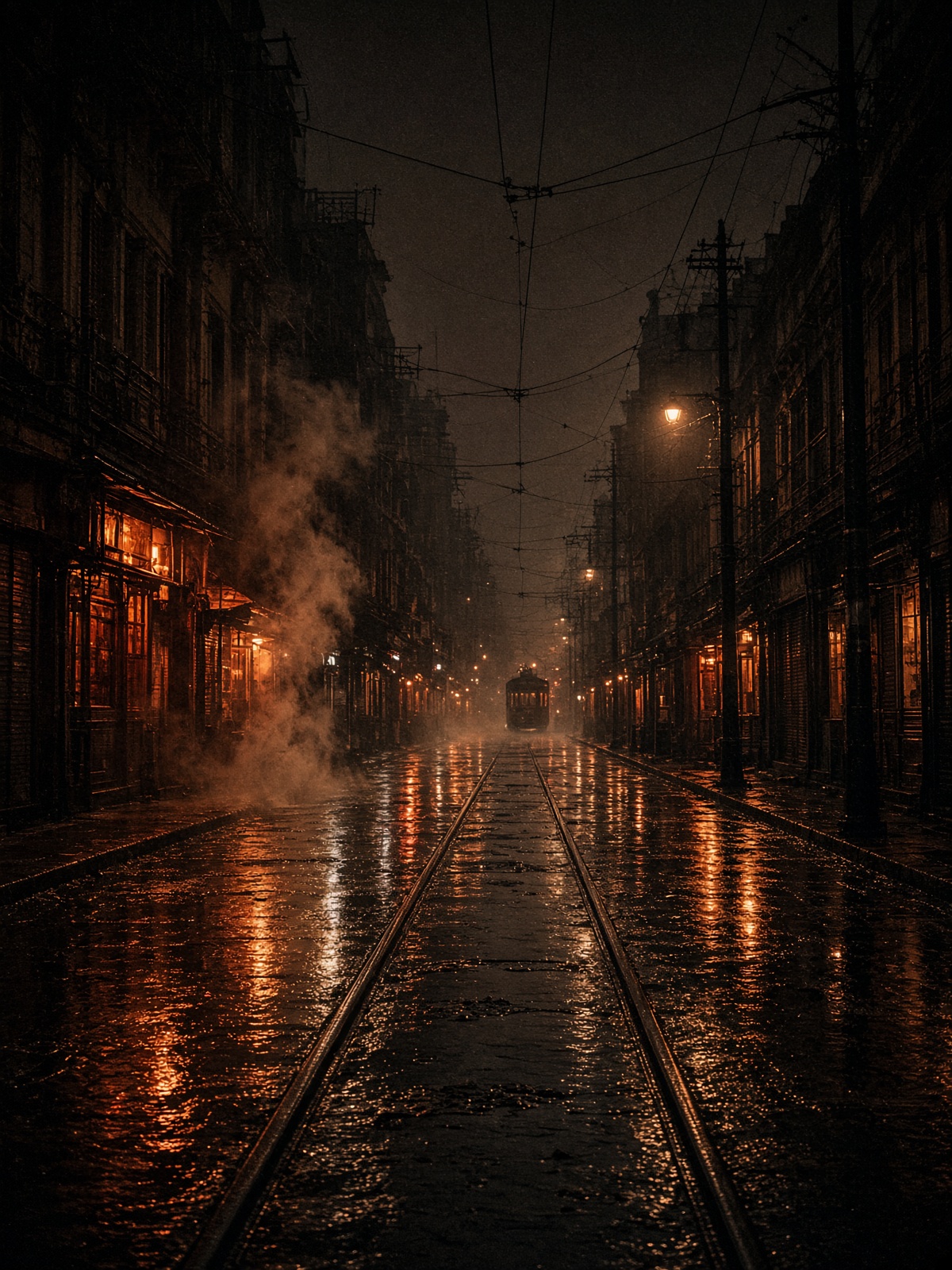Rain on night tram tracks